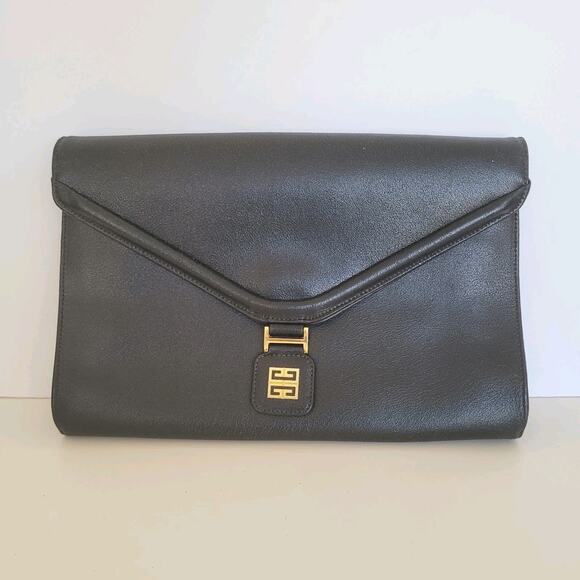 Givenchy Black Leather Bag Clutch Purse Envelope Logo Designer Retro